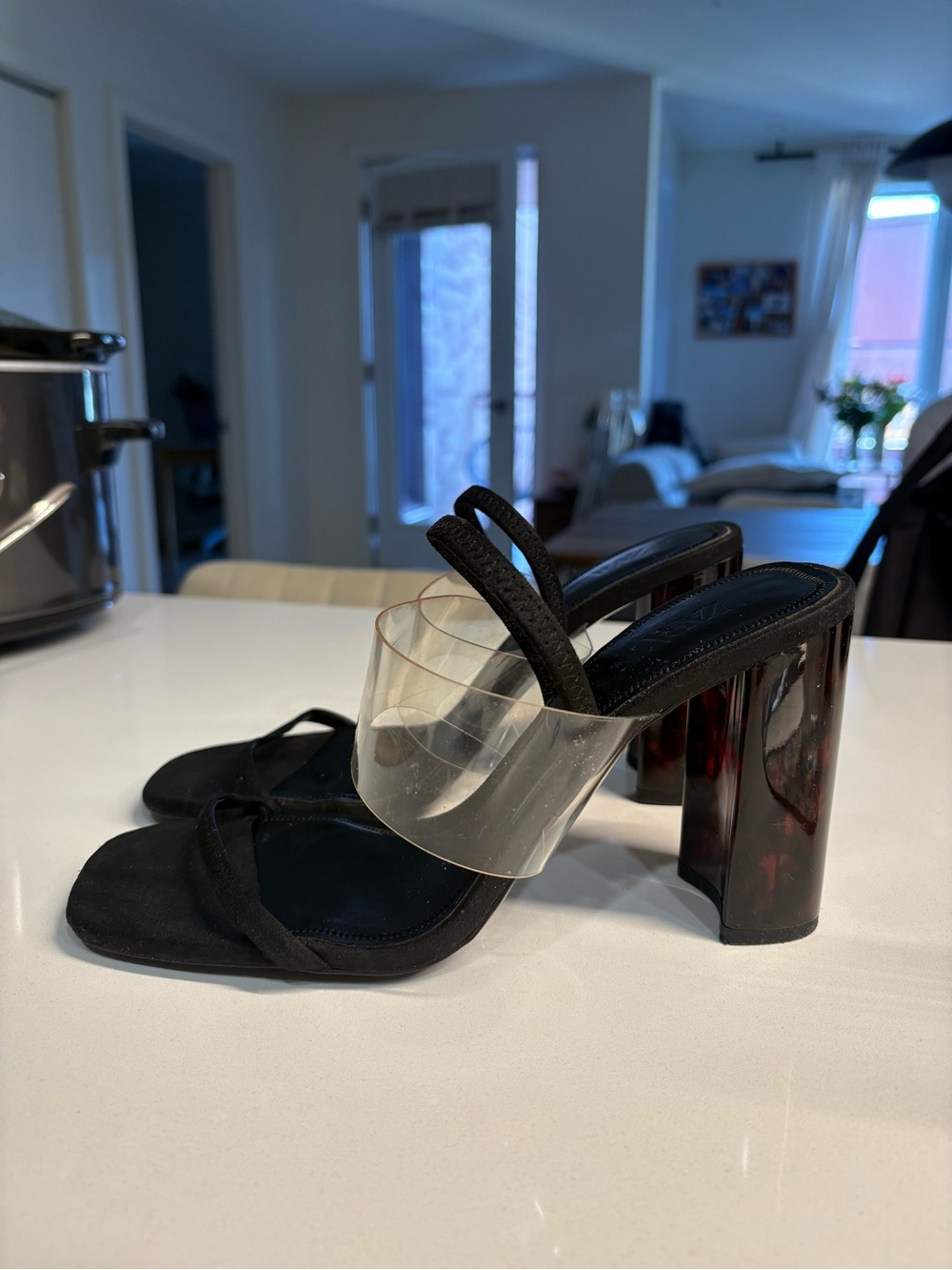 Zara Black Block Heel Sandals with Clear Strap